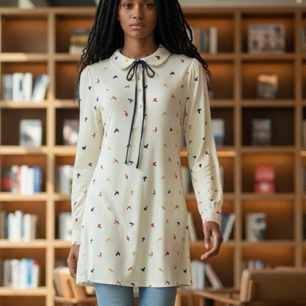 Living Doll Tunic Top
Off white with multicolor bird print size Junior Med